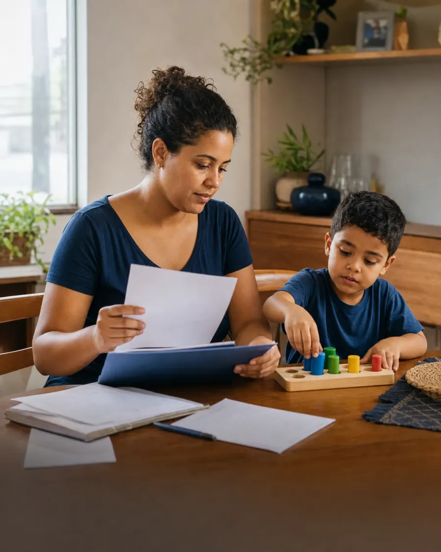 Mãe brasileira organizando documentos do tratamento enquanto o filho realiza uma atividade educativa